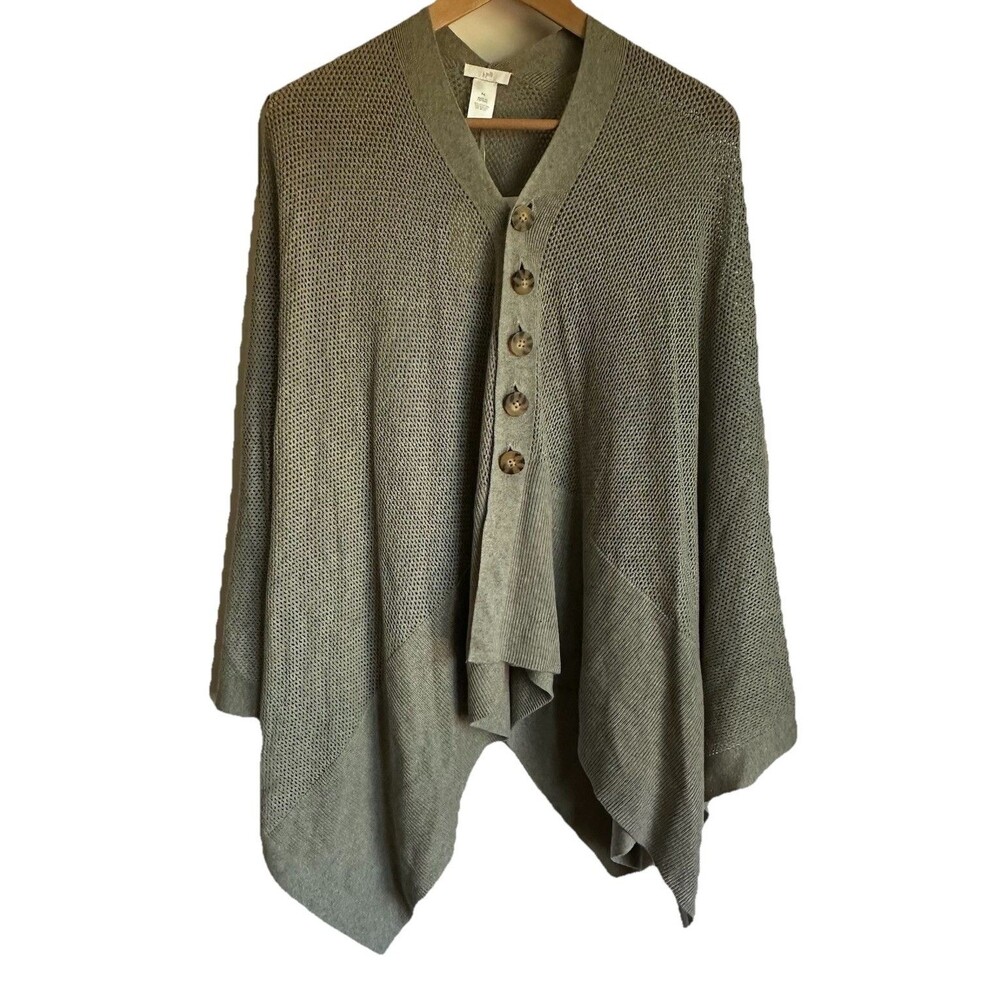 J Jill Asymmetrical Hem Poncho Buttons Loose Knit Fairy Cottage Boho Sz S-L Moss